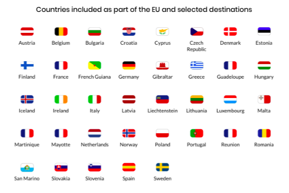 Countries included in giffgaff as part of the EU and selected destinations